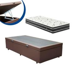 Imagem de Cama Box Baú Solteiro Colchão Molas Ensacadas + Box Sintético Marrom 63x88x188