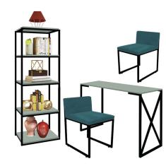 Imagem de Kit Escritório Bex 2 Cadeiras Suede Azul Turquesa com 1 Mesa e 1 Livreiro Ferro Preto MDF Verde Oliva - Ahazzo Móveis