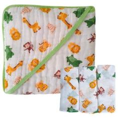 Imagem de Kit 1 Toalha de Banho Bebê Soft C/Capuz De Fralda 3 camadas + 3 Fralda