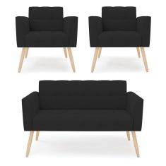 Imagem de Kit 1 Sofá Namoradeira E 2 Poltronas Elisa Veludo Preto Pés Palito Natural - D`rossi