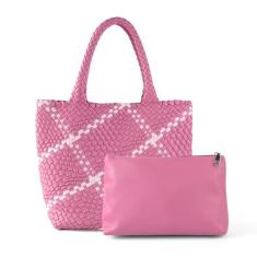 Imagem de KUNGFUMA Bolsa de mão feminina de tecido com alça superior, bolsa de couro vegano, bolsa de compras grande, bolsas de viagem de verão e praia, Rosa - W