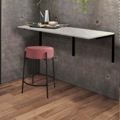 Imagem de Kit Mesa Suspensa de Parede Fixa MDF Marmorizado + 1 Banqueta Sintra Ferro Preto Suede Rose - Ahazzo Móveis