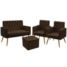 Imagem de Kit Poltrona Namoradeira e 2 Poltronas Decorativas Vega Rodapé Capitonê Puff Quasar Botões Sued Marrom Aradecor