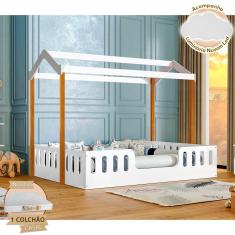 Imagem de Cama Infantil Com Colchão D28 Casal Casinha Segura Montessoriana Ágatha Branco/Castanho Claro + Luminária
