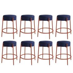 Imagem de Kit 08 Banquetas Alta Sintra 65cm Redonda Ferro Cobre Suede Azul Marinho - Ahazzo Móveis