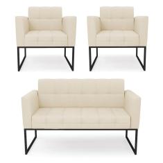 Imagem de Kit 1 Sofá Namoradeira E 2 Poltronas Linho Base Metálica Industrial Preto - D`rossi Cor A19 Bege