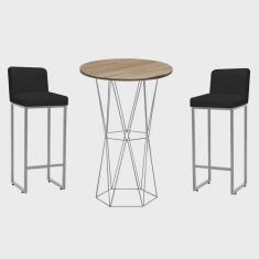 Imagem de Kit Mesa Bistrô Flork e 2 Banqueta Lucca Alta Com Encosto Bar Gourmet Tampo Madeira Ferro Cinza Suede Preto - Ahazzo Móveis