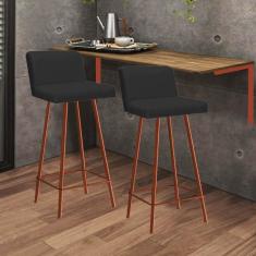 Imagem de Kit Mesa Suspensa de Parede Fixa MDF Caramelo + 2 Banquetas Lexi Ferro Bronze Sintético Preto - Ahazzo Móveis