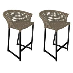 Imagem de Kit 2 Banquetas Reis Em Corda Náutica E Base Em Alumínio Preta Para área Gourmet Externa Rami Bege