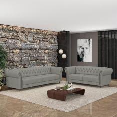 Imagem de Conjunto De Sofá Stanford Chesterfield 2 E 3 Lugares 180cm-240cm Pés Madeira Couro Cinza G58 Gran Belo