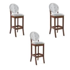Imagem de Kit 3 Banquetas Alta Madeira Maciça Teseu Linho Off White/Imbuia G42 - Gran Belo