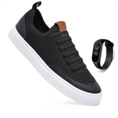 Imagem de Tenis Sapatenis Cano Baixo Casual Calce Facil Cadarço Elástico Preto Confortável Leve + Relógio-Masculino