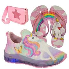 Imagem de Tênis Infantil Feminino Com Led Unicórnio Slip On Menina + Chinelo + B