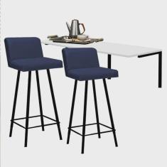 Imagem de Kit Mesa Suspensa de Parede Fixa mdf Branco + 2 Banquetas Lexi Ferro Preto Suede Azul Marinho - Ahazzo Móveis