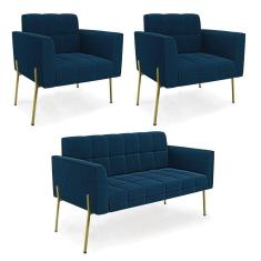 Imagem de Namoradeira E 2 Poltronas Pé De Ferro Dourado Elisa Bouclê Azul D03 - D`rossi