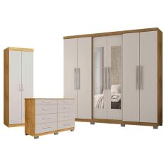 Imagem de Guarda Roupa Casal Prime 7000 com New Pés e Cômoda 8050 com Multiuso 6020 Freijó Baunilha - Araplac