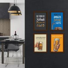 Imagem de Quadros Com Frases Cerveja Moldura Marrom 33X43cm Kit 4Un