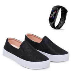 Imagem de Kit Tênis Casual Feminino Macio Legítimo Slip On Com Glitter + Relógio