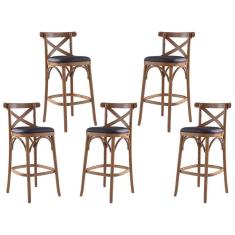 Imagem de Kit 5 Banquetas Alta Estofada Espanha 43 x 103 Cm Madeira Maciça Mel Facto Marrom L74