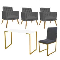 Imagem de Kit Escritório Stan 3 Poltronas Maria e Cadeira e Mesa Industrial Branco Dourado Tecido Sintético Cinza - Ahz Móveis