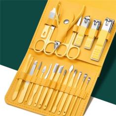 Imagem de Cortadores de unhas cortadores para manicure conjunto de aço inoxidável prego pedicure tesoura conjunto viagem aliciamento caso ferramenta, 20 pçs amarelo