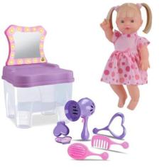 Imagem de Boneca Bebê Loira 30 Frases + Penteadeira Camarim Infantil - Adijomar