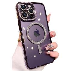 Imagem de Kwhapoo Capa magnética brilhante de luxo compatível com iPhone 15 Pro Max de 6,7 polegadas, lindo diamante de strass transparente macio compatível com capas de proteção de lente de câmera MagSafe para