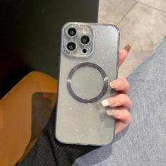 Imagem de Luxo glitter macio caso de carga sem fio para iphone 14 13 12 11 pro max silicone magnético capa à prova de choque, preto, para iphone 12 pro