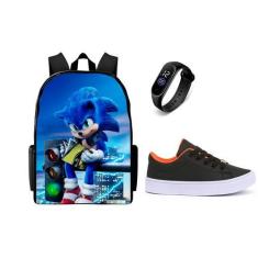 Imagem de Conjunto Escolar Masculino Bolsa Sonic Mais Tenis Casual Preto E Relog