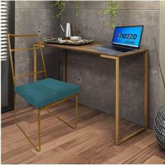 Imagem de Kit Escritório Stark Cadeira e Mesa Industrial Ferro Dourado Tampo MDF Ambar Suede Azul Turquesa - Ahz Móveis