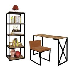 Imagem de Kit Escritório Bex 1 Cadeira Suede Terracota com 1 Mesa e 1 Livreiro Ferro Preto MDF Caramelo - Ahazzo Móveis