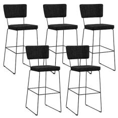 Imagem de Kit 05 Banquetas Alta Para Cozinha Sala De Jantar Base Aço Fixa Allana L02 Linho Chumbo - Lyam Decor
