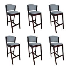 Imagem de Kit 6 Banquetas Alta De Madeira Maciça Castanho Premium Ana Com Encosto Linho Cinza - Cor: Cinza