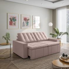 Imagem de Sofá Cama Retrátil e Reclinável 3 Lugares 220cm em Veludo com Molas e Braço Reto Palmeira Cabecasa M Rosa