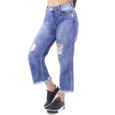 Imagem de Calça Jeans Feminina Wide Leg Destroyed Desfiada Naraka