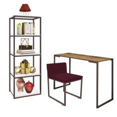 Imagem de Kit Escritório Ravi 1 Cadeira Suede Bordô com 1 Mesa e 1 Livreiro Ferro Marrom MDF Rústico - Ahazzo Móveis