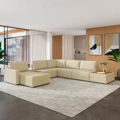 Imagem de Sofá de Canto Decorativo Sala de Estar 715cm Modulado Takashi com Chaise e Puffs Linho Bege G45 - Gran Belo