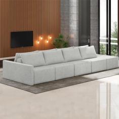 Imagem de Sofá Ilha Modulado Milos 432cm Puff Lateral Linho Cinza Claro G33 - Gran Belo