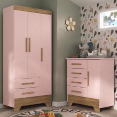 Imagem de Quarto Infantil Completo Guarda Roupa 3 Portas 2 Gavetas com Cômoda Selene Espresso Móveis Rosa Fosco/Marrom