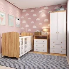Imagem de Quarto de Bebê Completo com Berço Americano Guarda Roupa Cômoda 100% MDF Teka Espresso Móveis Branco Brilho/Amêndoa