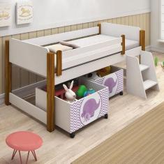 Imagem de Cama Naty Branco/Mel com 2 nichos adesivadas filhote rosa e escadinha