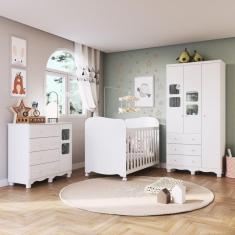 Imagem de Quarto de Bebê Completo com Guarda Roupa 3 Portas com Janelas Cômoda e Berço 100% MDF Mimo Espresso Móveis Branco Brilho