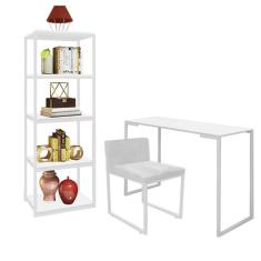 Imagem de Kit Escritório Ravi 1 Cadeira Suede Branco com 1 Mesa e 1 Livreiro Ferro Branco MDF Branco - Ahazzo Móveis