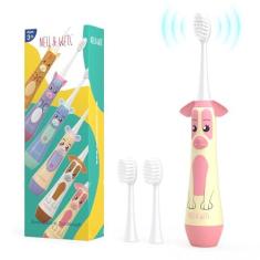 Imagem de NELL&WELL [Atualização] Escova de dentes elétrica infantil com temporizador de escovação de 2 minutos, escovas de dentes alimentadas por bateria com 3 cabeças de cerdas macias para crianças, meninos e