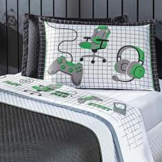 Imagem de Jogo De Cama Game Streamer Branco/Verde Solteiro 03 Peças - Percal 200