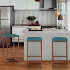 Imagem de Kit 03 Banqueta Alta Lua Industrial Cozinha Bar Balcão Bistrô Ferro Bronze Suede  Turquesa - Ahazzo Móveis