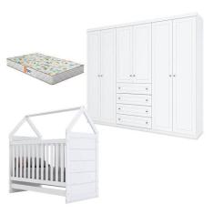 Imagem de Berço Montessoriano E Guarda Roupa Infantil 6 Portas Branco Com Colchã