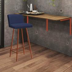 Imagem de Kit Mesa Suspensa de Parede Fixa MDF Carvalho + 1 Banqueta Lexi Ferro Bronze Corino Azul Marinho - Ahazzo Móveis