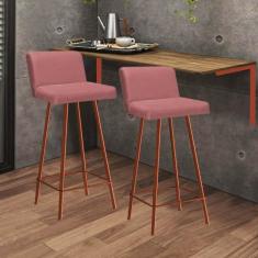 Imagem de Kit Mesa Suspensa de Parede Fixa MDF Carvalho + 2 Banquetas Lexi Ferro Bronze Suede Rose - Ahazzo Móveis