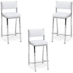 Imagem de Kit 3 Banquetas Empilhável Cromada Alta Assento E Encosto Estofado Cor Branco - Poltronas do Sul